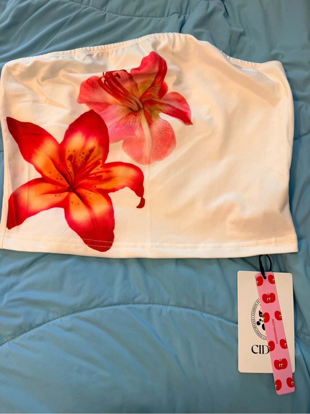White Floral Tube Top with Red-Orange Lily Print